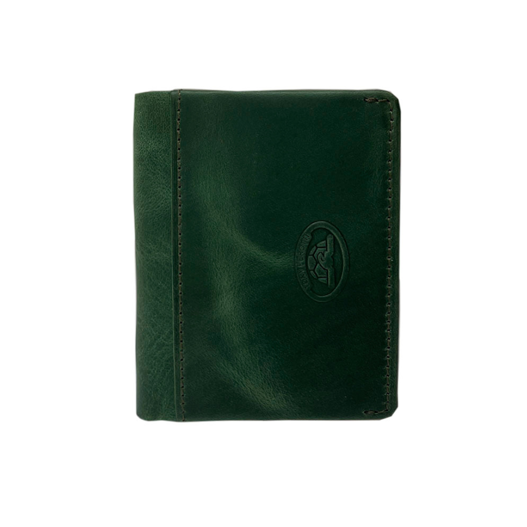 Tony Perotti Arno 1034N deep green leather card holder, closed front view with the embossed oval Tony Perotti emblem
