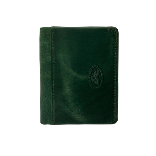 Tony Perotti Arno 1034N deep green leather card holder, closed front view with the embossed oval Tony Perotti emblem