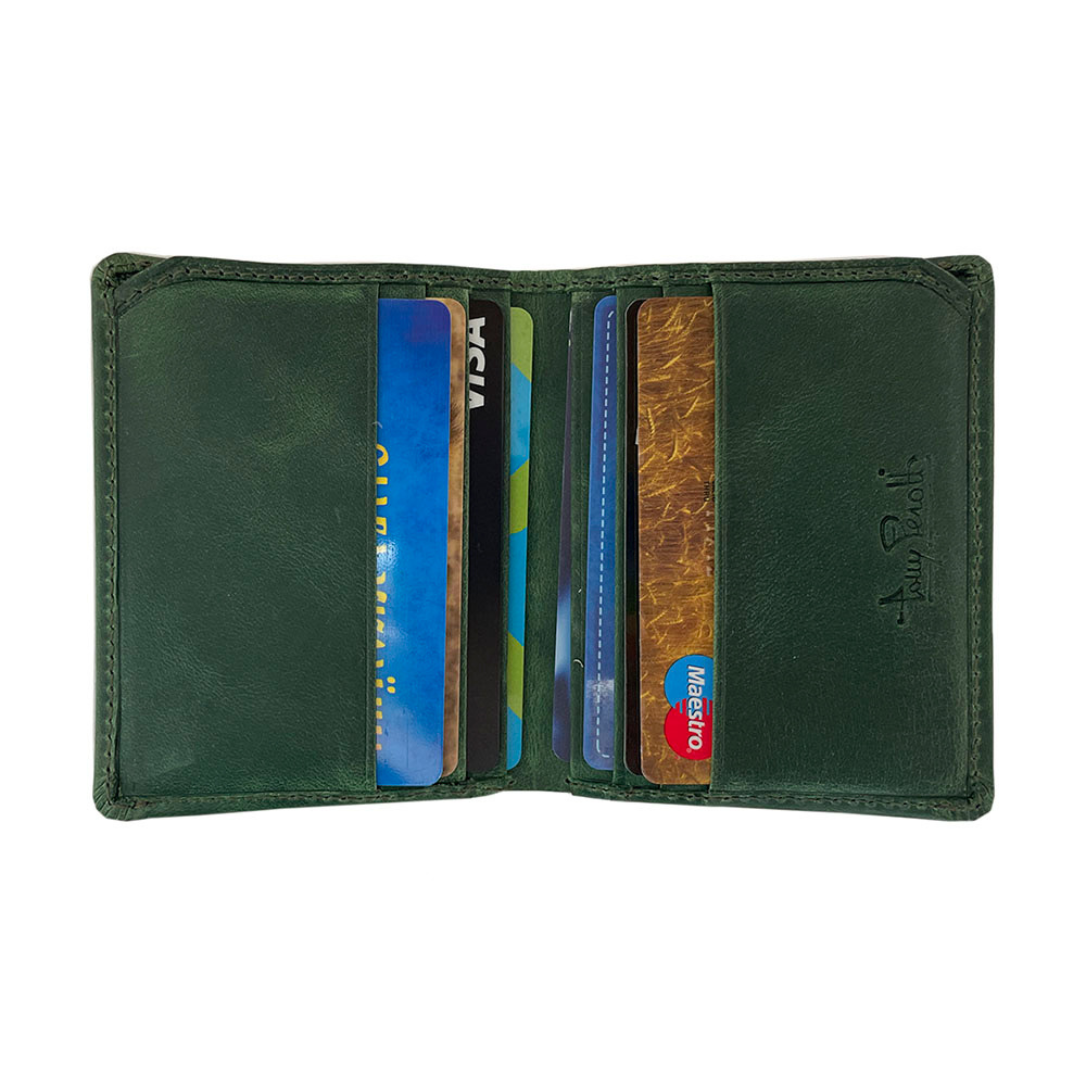 Tony Perotti Arno 1034N deep green leather card holder open and filled with several bank cards on both sides