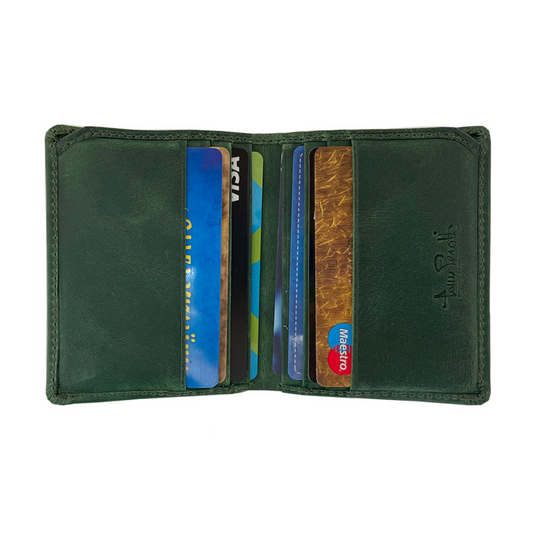 Tony Perotti Arno 1034N deep green leather card holder open and filled with several bank cards on both sides