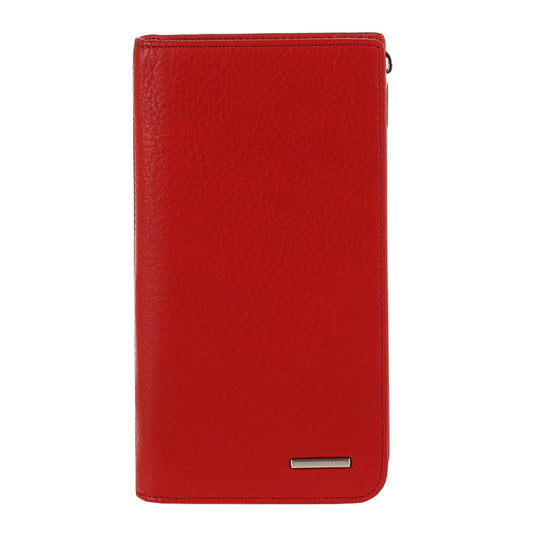 Red leather zip wallet with 'TONY PEROTTI' branding on a white background