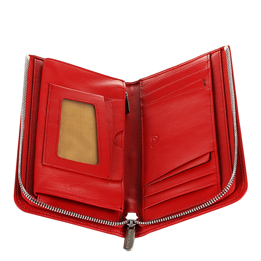 Tony Perotti red leather wallet with a zipper on a white background