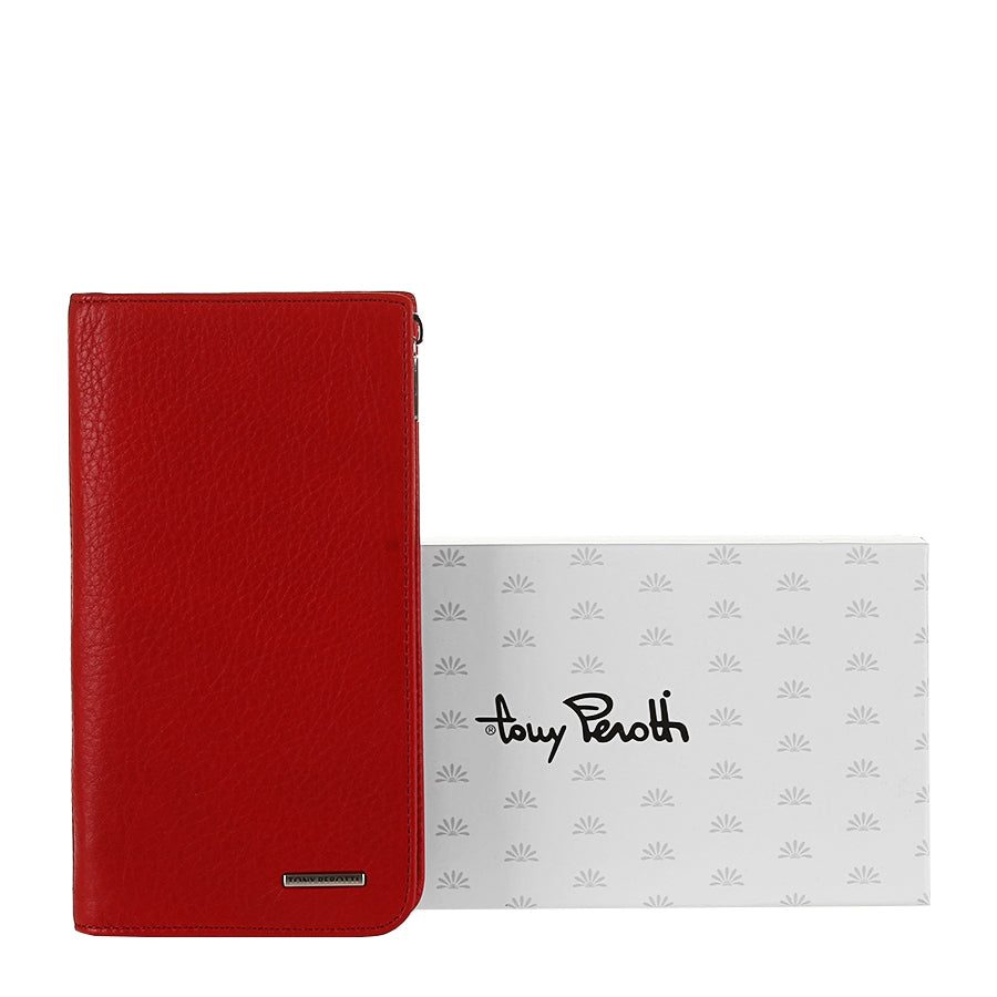 Red leather zip wallet with Tony Perotti logo on a white box