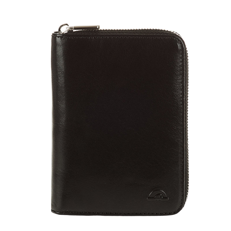 Black leather wallet with a brand logo on a white background
