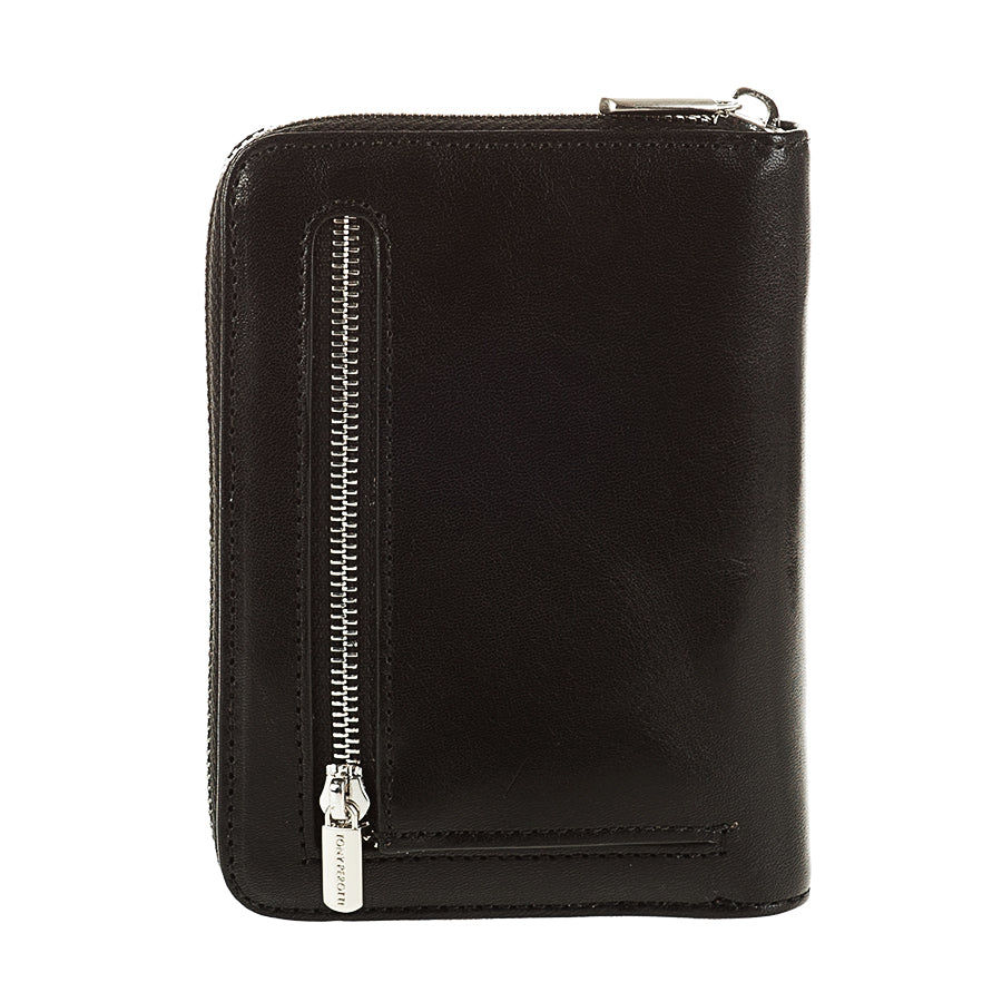 Black leather wallet with a silver zipper on a white background
