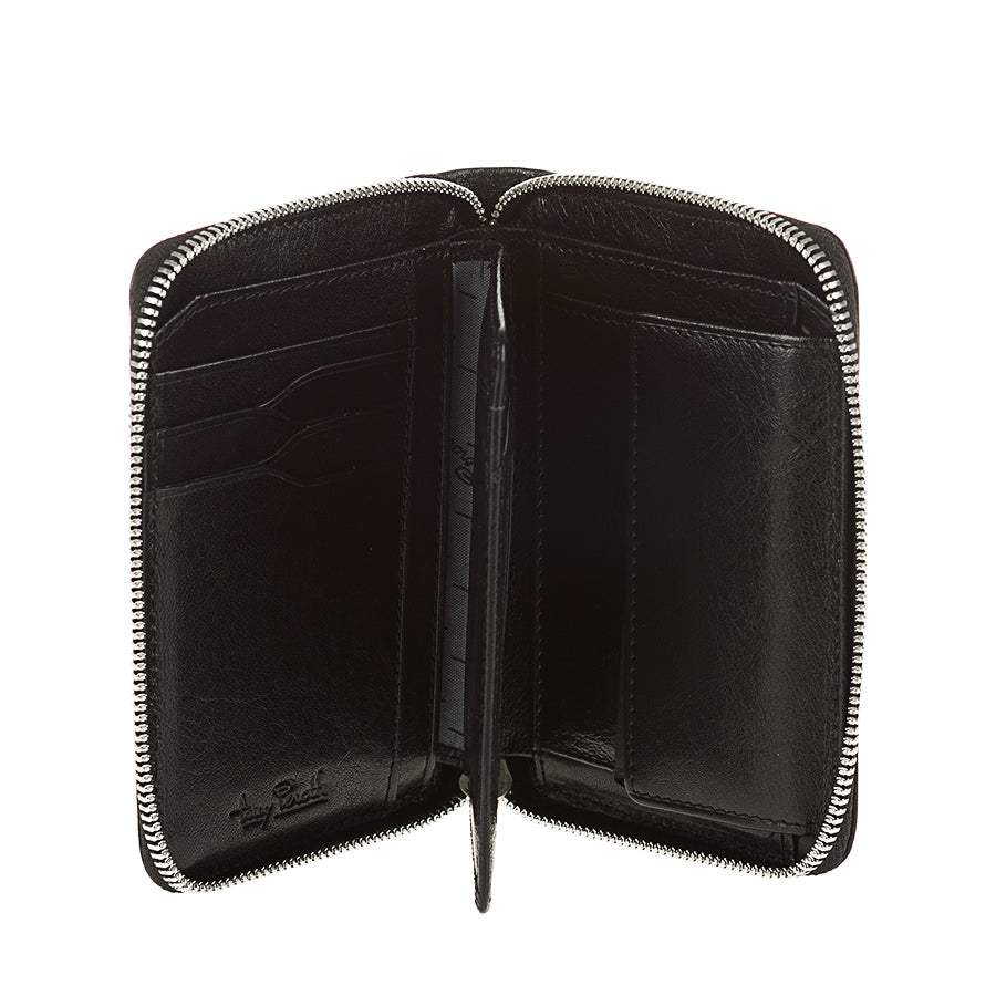 Black leather wallet with zipper on a white background
