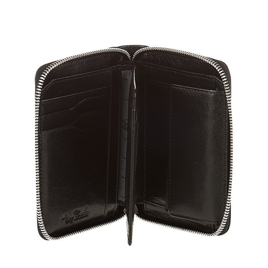 Black leather wallet with zipper on a white background