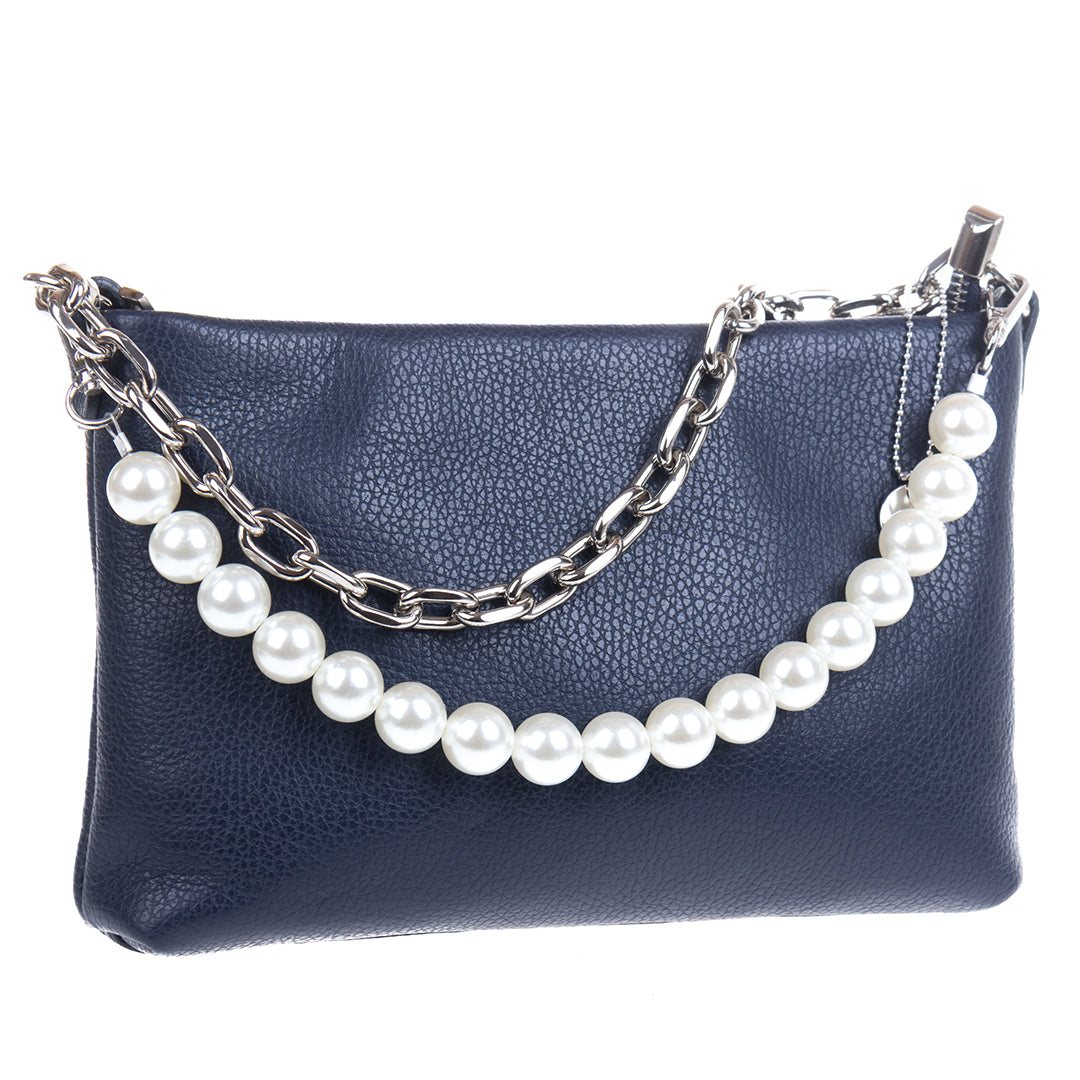 Tony Perotti Borsa CA045-01BL women's navy leather crossbody bag with both the silver chain handle and the pearl handle attached