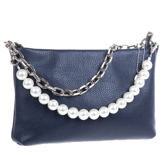 Tony Perotti Borsa CA045-01BL women's navy leather crossbody bag with both the silver chain handle and the pearl handle attached
