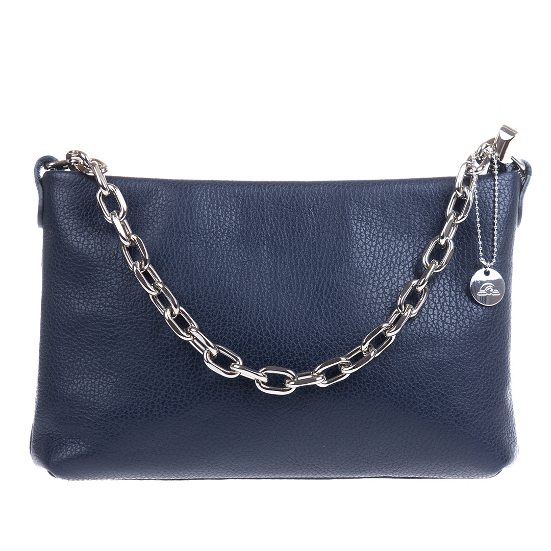 Tony Perotti Borsa CA045-01BL navy leather bag seen from the front on its silver chain handle, with the ball-chain zip pull and Tony Perotti disc charm at the corner