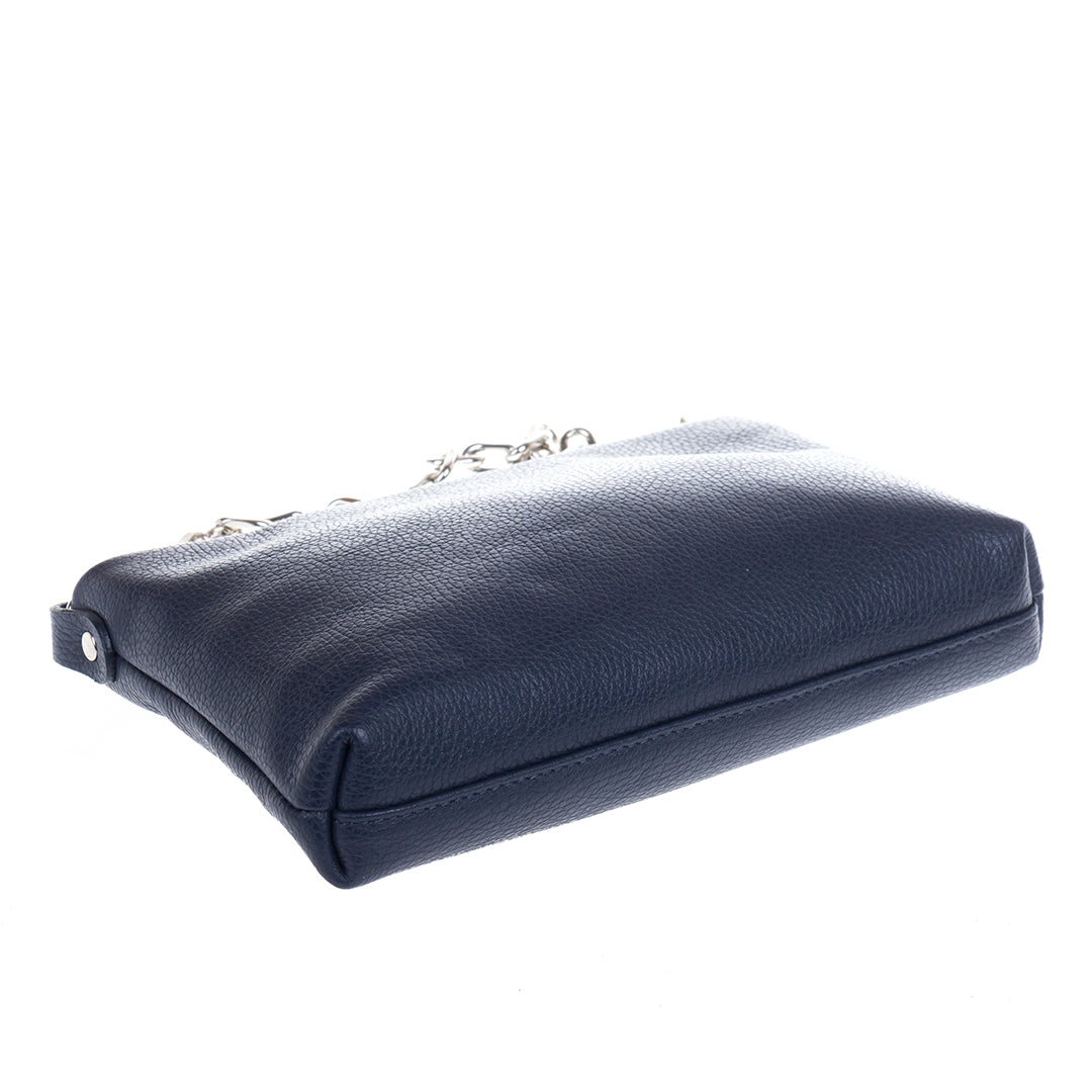 Tony Perotti Borsa CA045-01BL navy leather bag tipped forward to show the base and the piped seam along the bottom