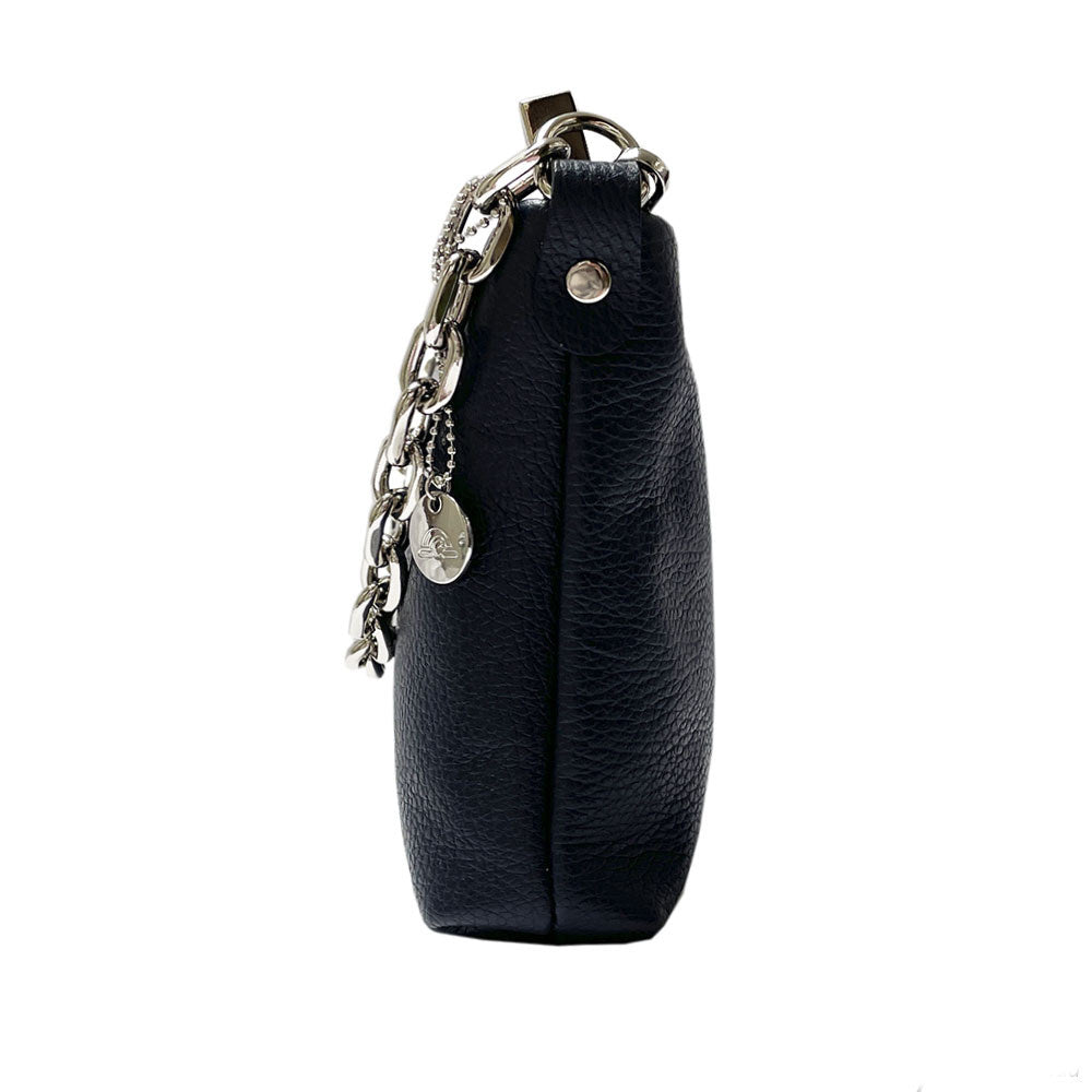 Side of the Tony Perotti Borsa CA045-01BL navy leather bag, showing how flat the body is