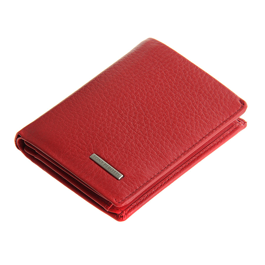 Tony Perotti red leather wallet with a silver emblem on a white background
