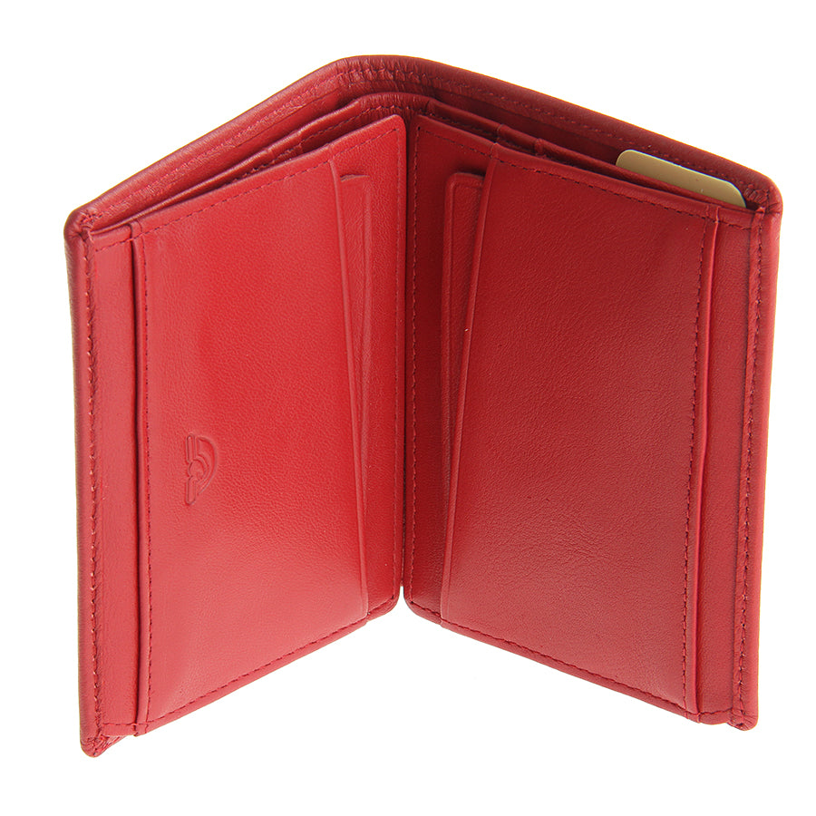 Tony Perotti red leather wallet open on a white background