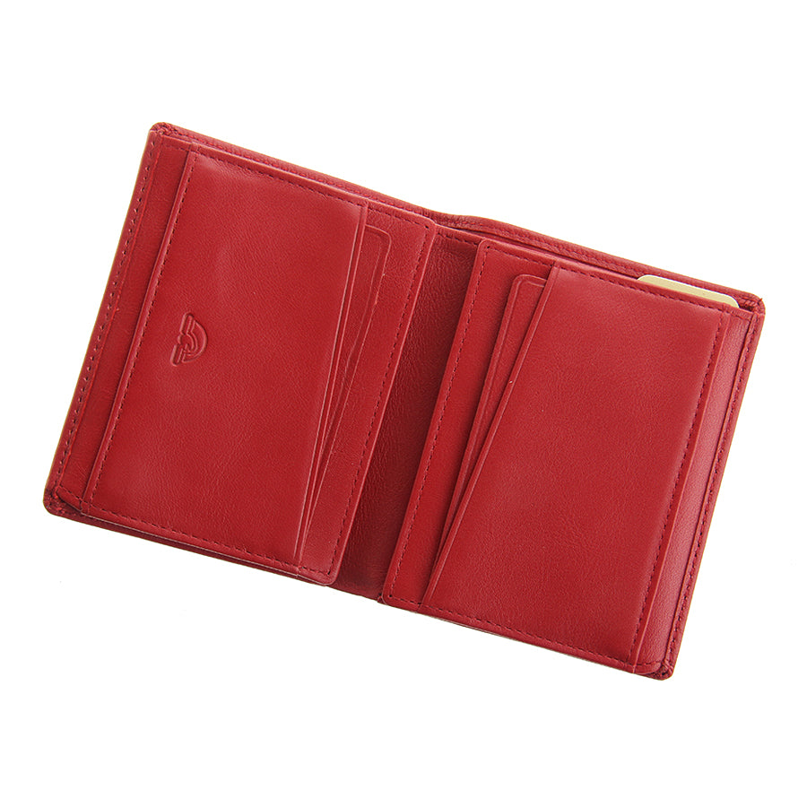 Tony Perotti red leather wallet with card slots on a white background