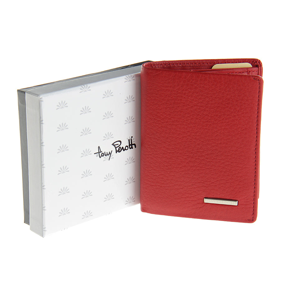 Tony Perotti red leather wallet with a white box featuring 'Tony Perotti' branding on a white background