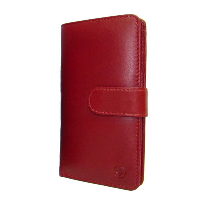 Red Tony Perotti Cortina 5074 tall leather wallet closed, standing at an angle — snap strap across the front and the embossed compass rose