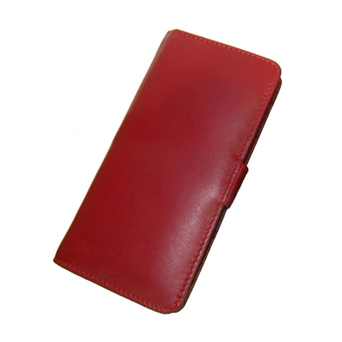Red Tony Perotti Cortina 5074 wallet lying closed, seen from above — smooth calf leather and the edge of the snap strap