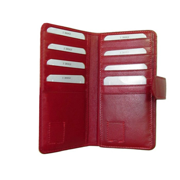 Tony Perotti Cortina 5074 rosso opened like a book — eight card slots in two columns and two slip pockets below