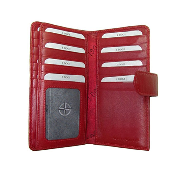 Tony Perotti Cortina 5074 rosso opened — the mesh ID window with the compass rose beneath the left column of card slots