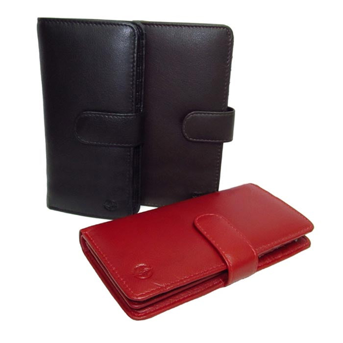 Tony Perotti Cortina 5074 tall leather wallet shown in three colourways — black, dark brown and red