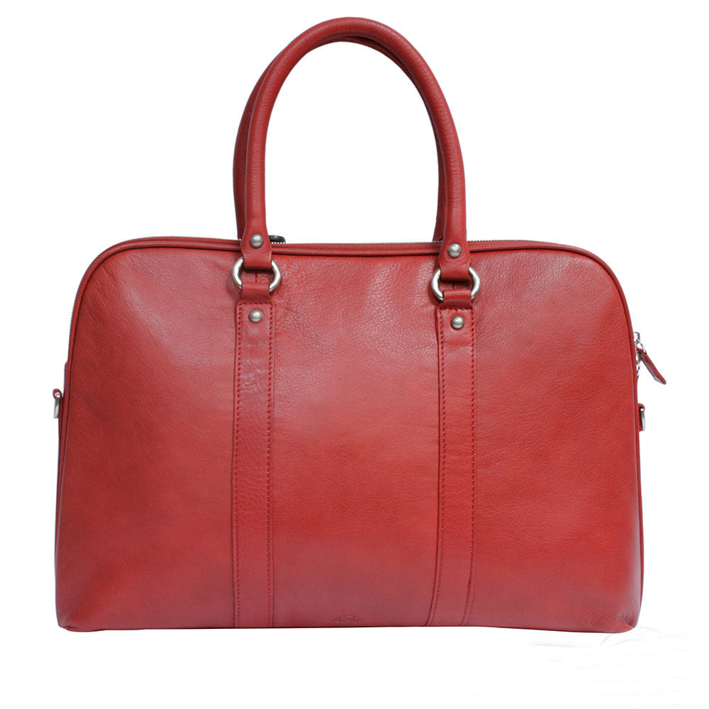 Back of the Tony Perotti Contatto 9574-40 rosso briefcase, plain red calf leather panel