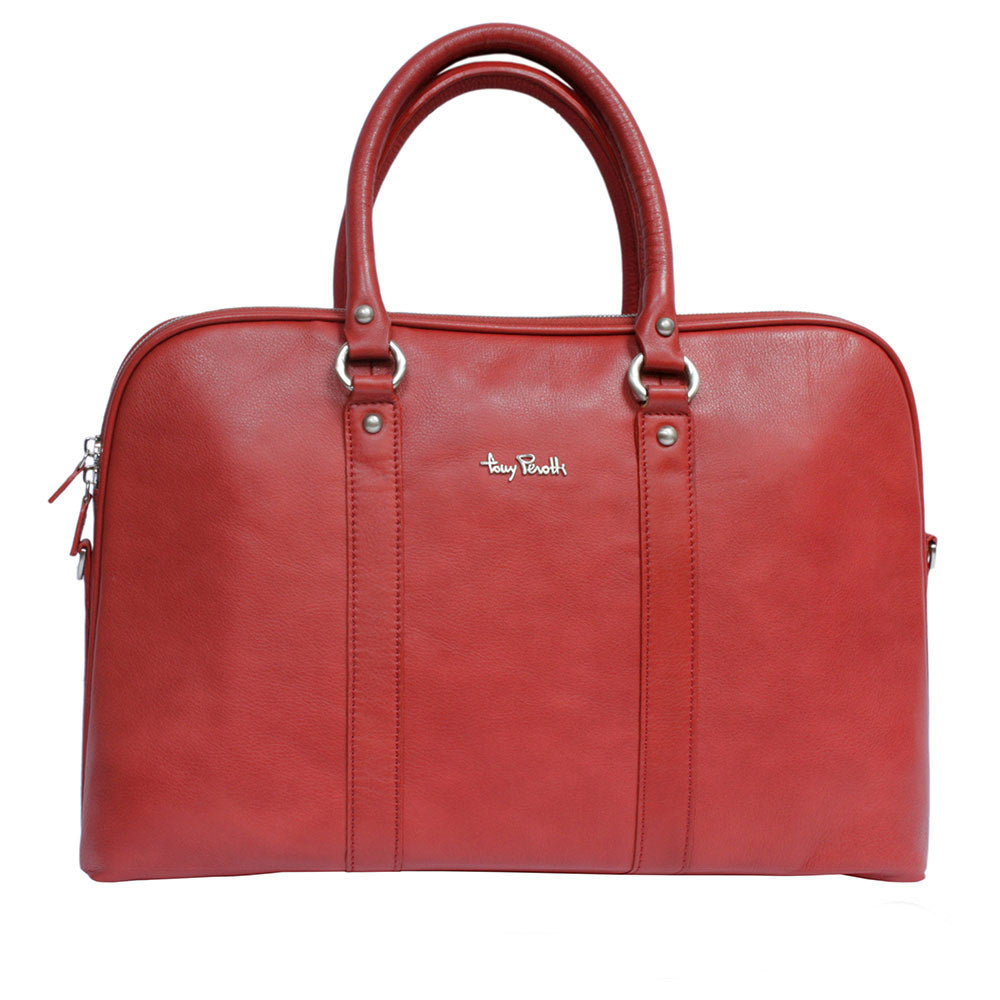 Tony Perotti Contatto 9574-40 rosso red leather laptop briefcase, front view with the metal Tony Perotti script and rolled handles on silver rings