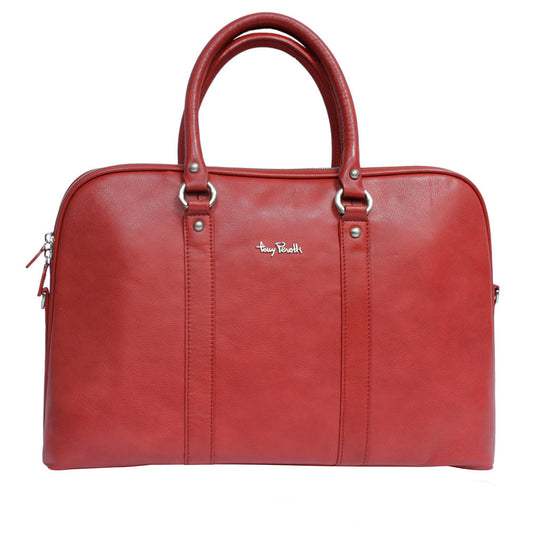 Tony Perotti Contatto 9574-40 rosso red leather laptop briefcase, front view with the metal Tony Perotti script and rolled handles on silver rings
