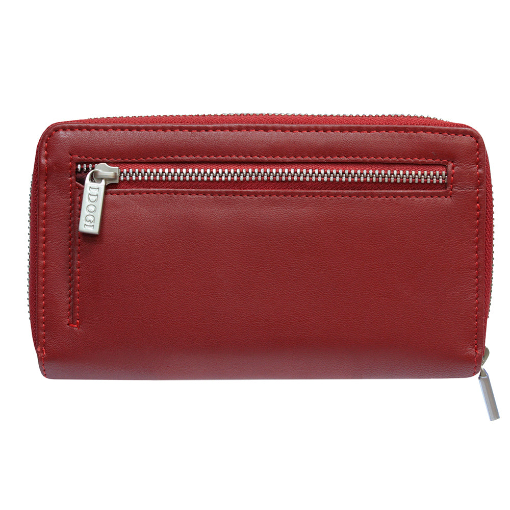 Tony Perotti Cortina 5084 Rosso red leather organizer wallet, back view with zipped pocket