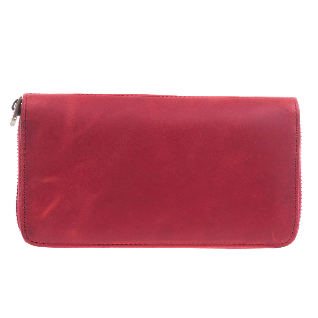 Tony Perotti red vintage-look leather zip-around wallet on a white background