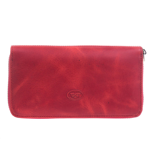 Tony Perotti red vintage-look leather zip-around wallet with a visible brand logo on a white background
