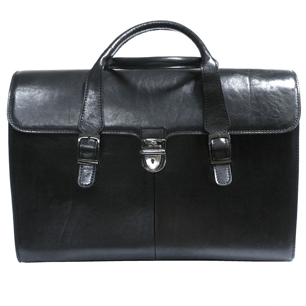 Tony Perotti Italico 8965 nero women's black leather business briefcase — front view with the flap closed, two buckled straps and silver push-catch lock