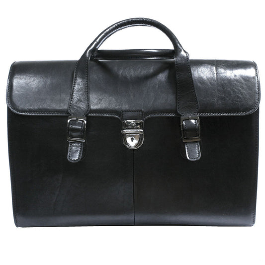 Tony Perotti Italico 8965 nero women's black leather business briefcase — front view with the flap closed, two buckled straps and silver push-catch lock