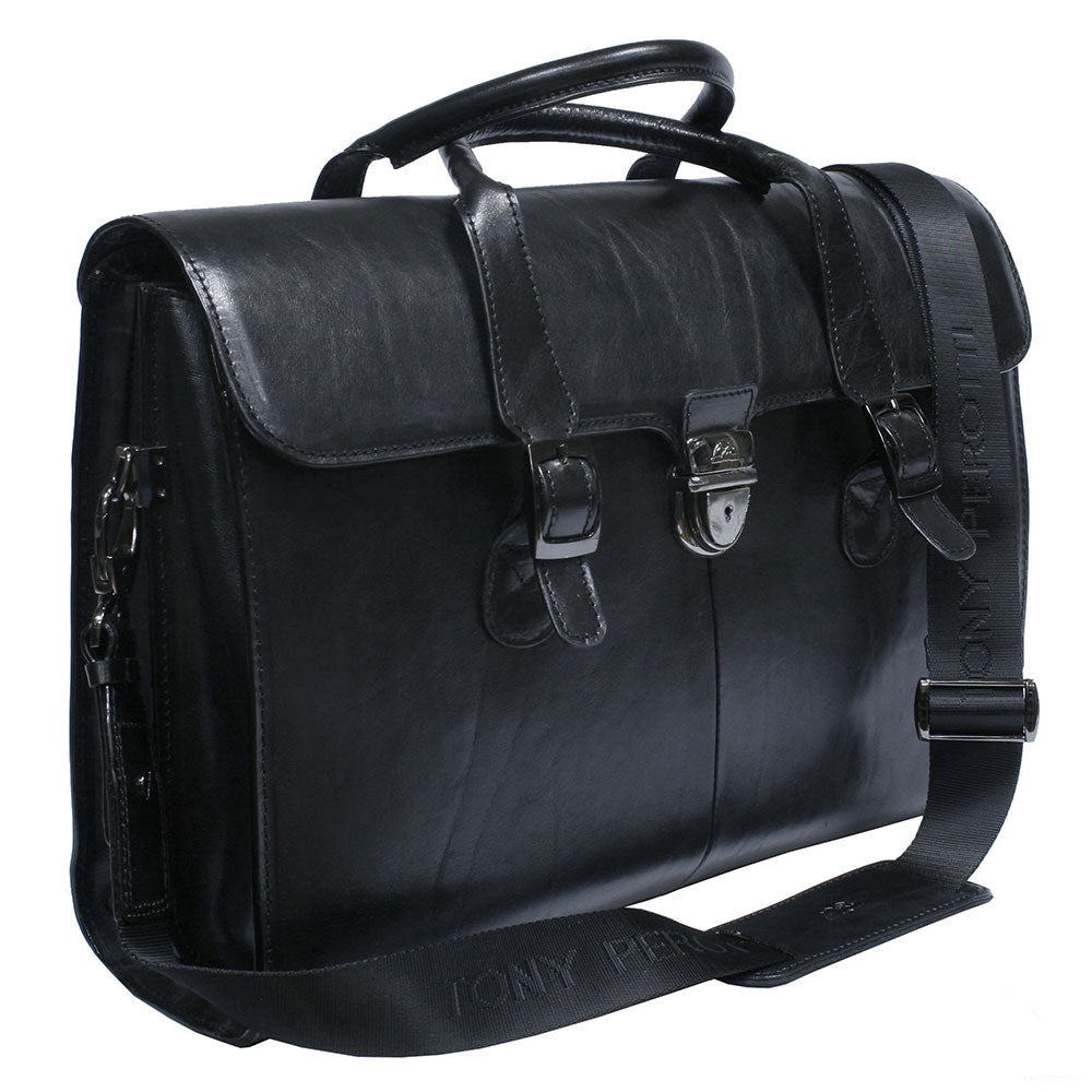 Angled view of the Italico 8965 nero briefcase with the detachable jacquard Tony Perotti shoulder strap clipped to the side rings