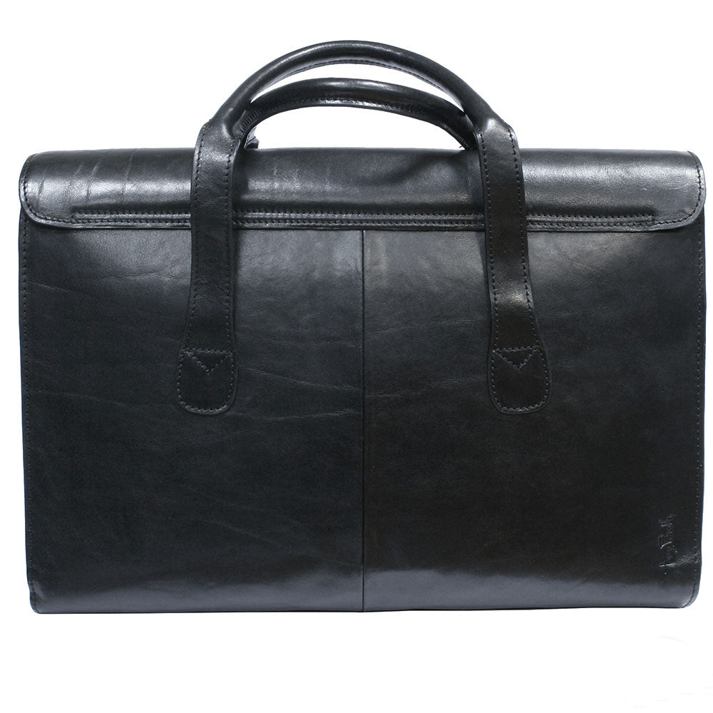 Back of the black Italico 8965 briefcase — plain leather panel with the embossed Tony Perotti signature and the twin handle loops