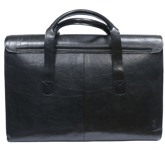 Back of the black Italico 8965 briefcase — plain leather panel with the embossed Tony Perotti signature and the twin handle loops