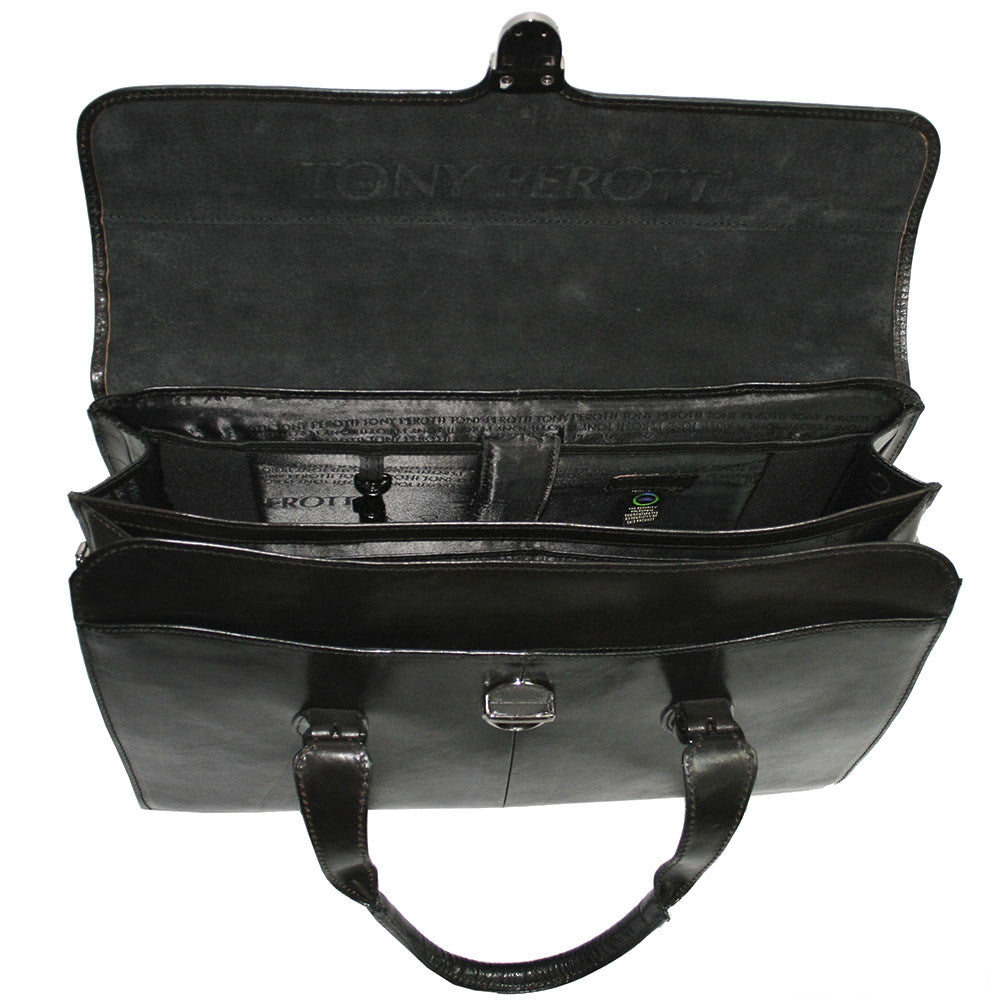 Italico 8965 opened — two main compartments with an organiser section between them and lining printed with the repeating Tony Perotti mark