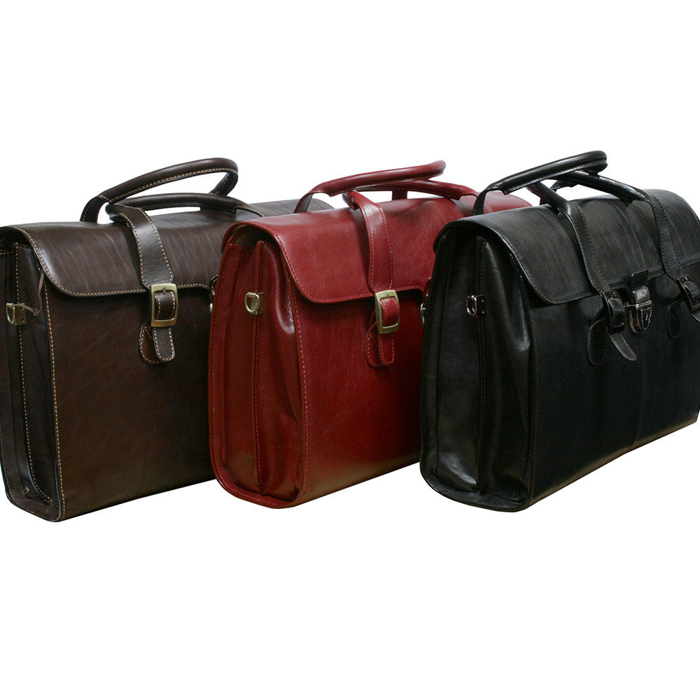 Tony Perotti Italico 8965 in three colourways side by side — dark brown and red with antique brass buckles, black with silver ones