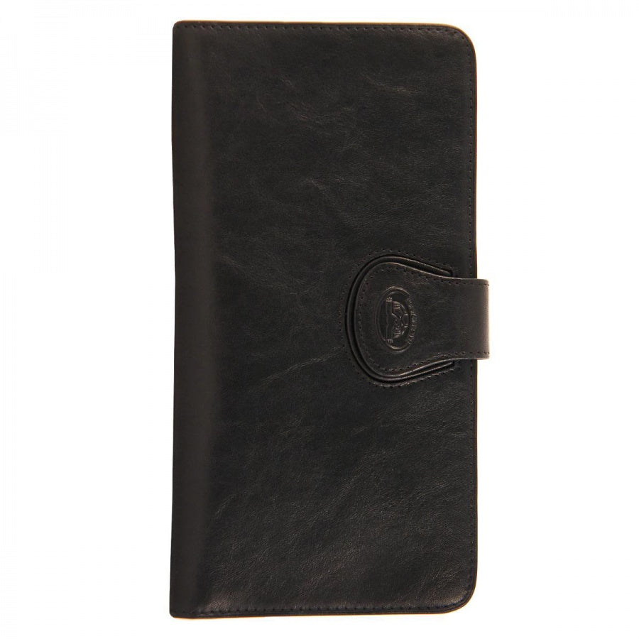 Tony Perotti black leather travel wallet with a brand logo on a white background