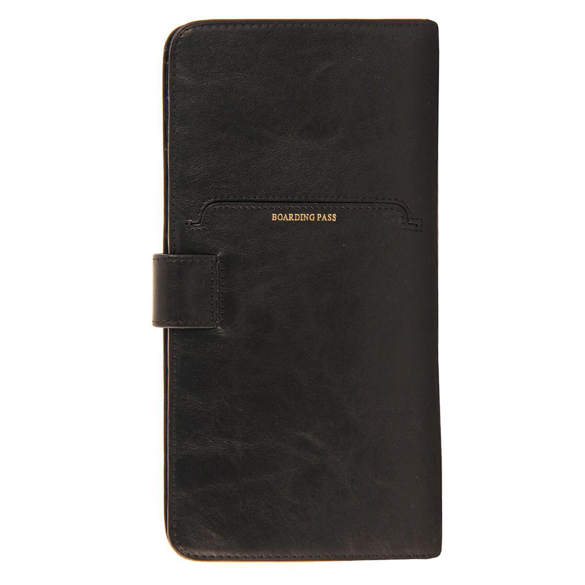 Tony Perotti black leather travel wallet  with 'Boarding Pass' pocket on a white background