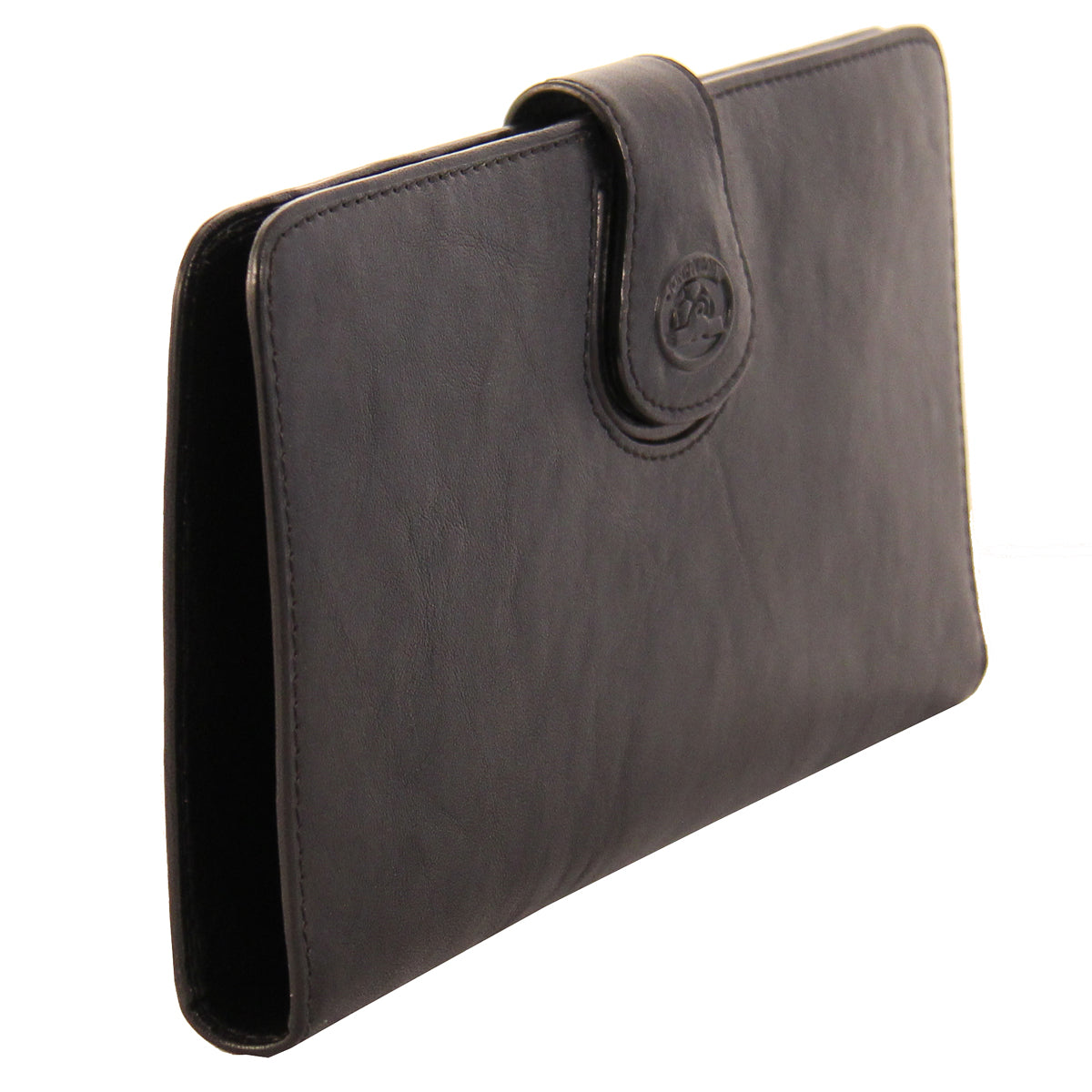 Tony Perotti black leather travel wallet  with a brand logo on a white background