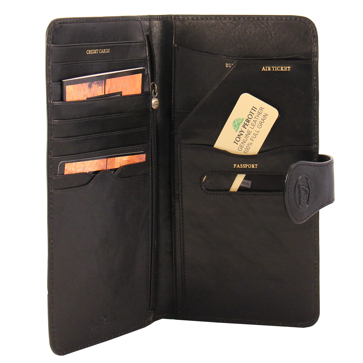 Tony Perotti black leather travel wallet  with compartments for cards, cash, and documents on a white background