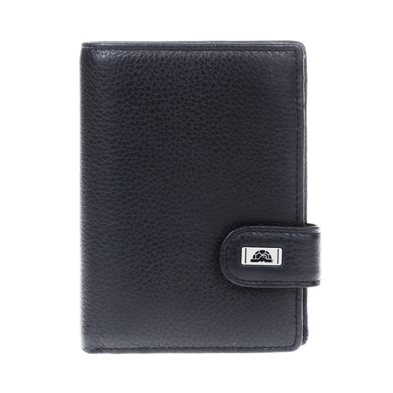 Black pebbled leather vertical wallet Tony Perotti Contatto 1023 nero with snap tab and metal turtle plate