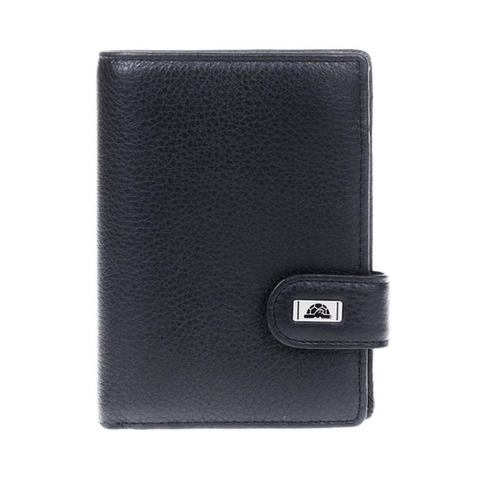 Black pebbled leather vertical wallet Tony Perotti Contatto 1023 nero with snap tab and metal turtle plate