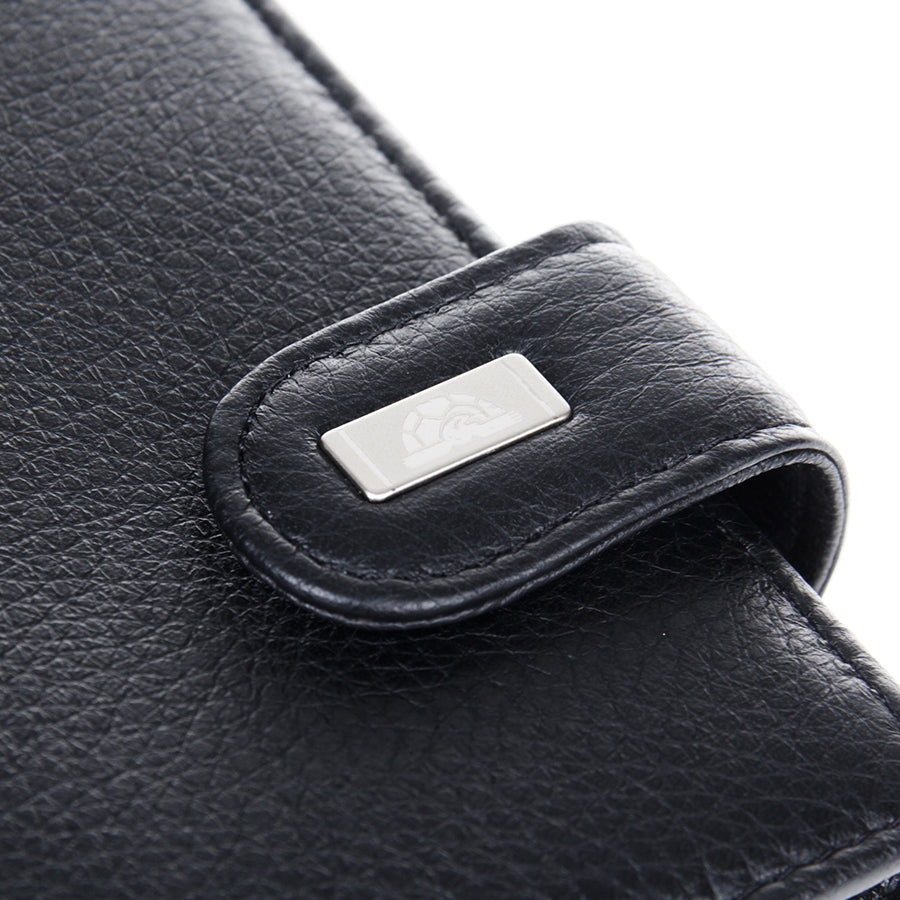 Snap tab with silver-tone turtle plate on Tony Perotti Contatto 1023 nero black leather wallet