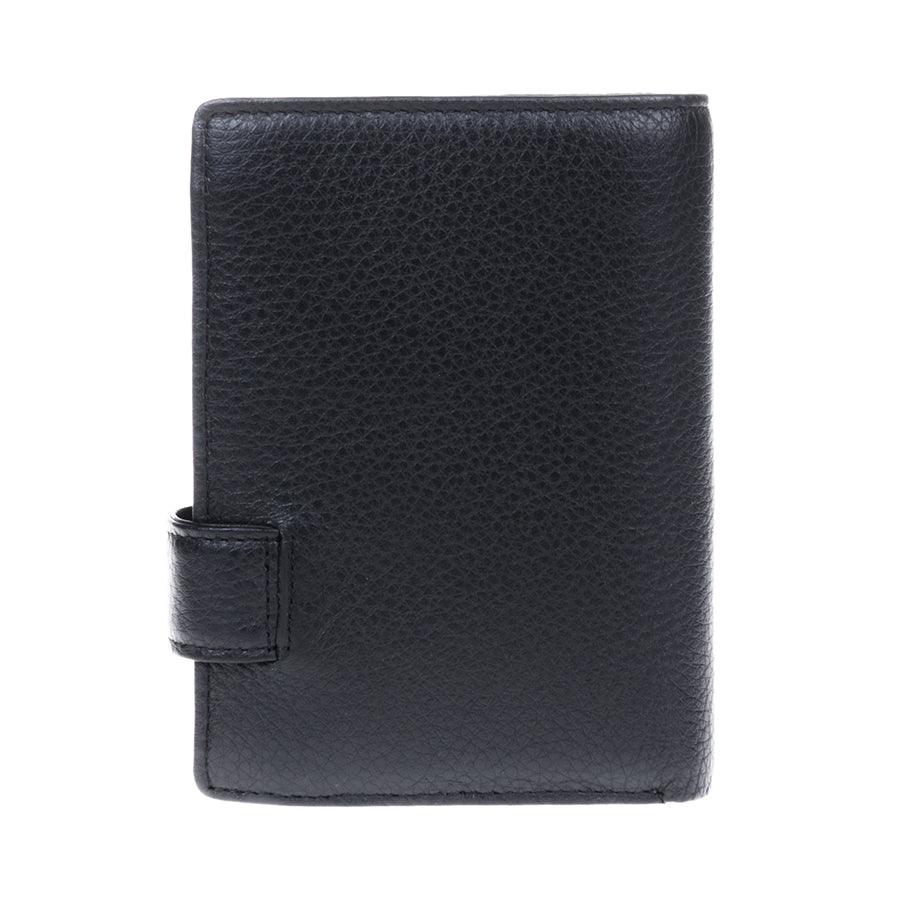 Back of black pebbled leather vertical wallet Tony Perotti Contatto 1023 nero with snap tab edge