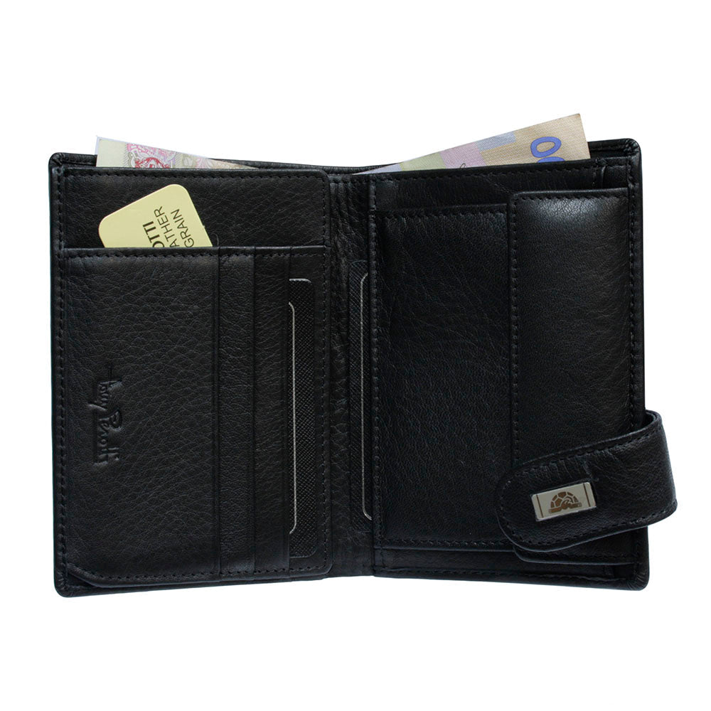 Tony Perotti Contatto 1023 nero black wallet opened flat — card slots, snap coin pocket and banknotes