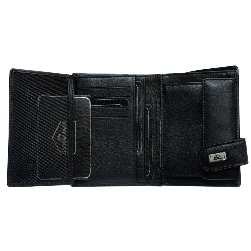 Fully opened Tony Perotti Contatto 1023 nero — mesh ID window on the flap, card slots and snap coin pocket