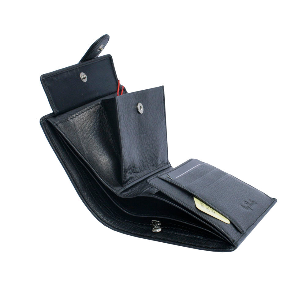 Tony Perotti Contatto 1023 nero black leather wallet with the snap coin pocket open and the zip compartment