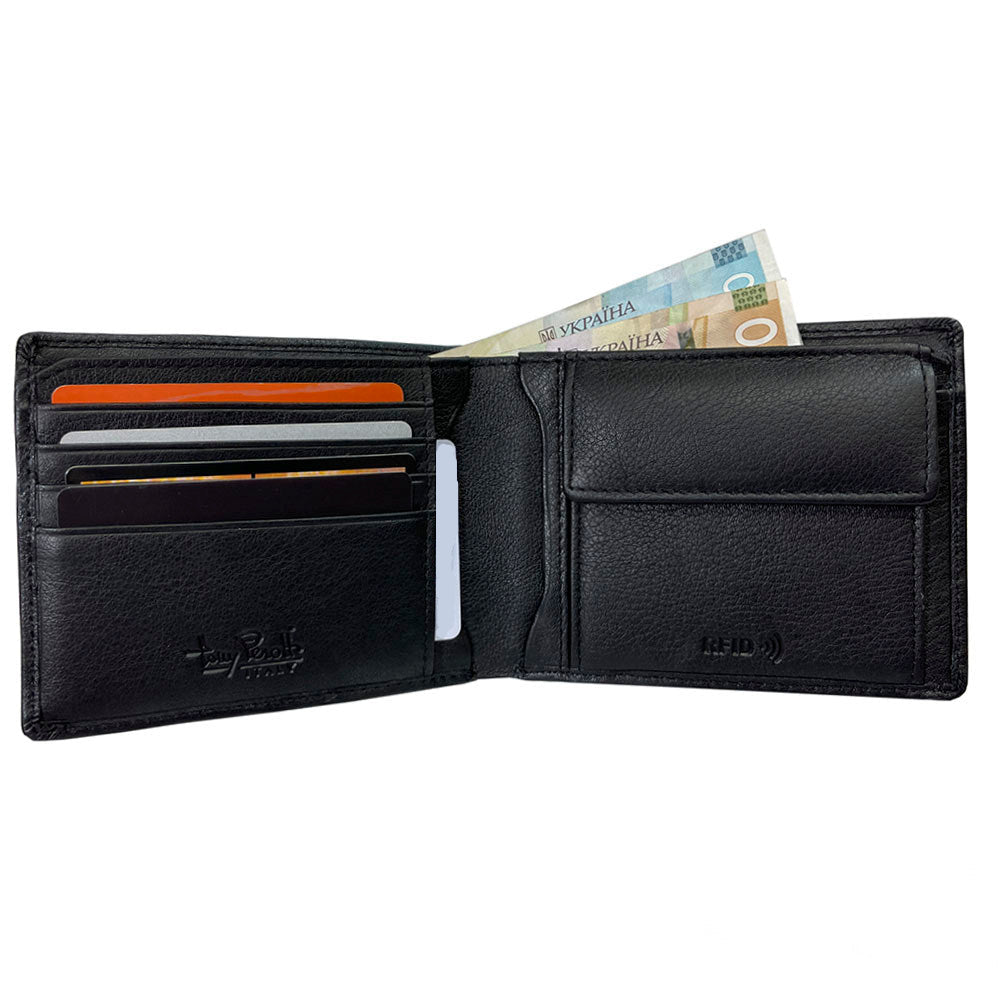 Tony Perotti Contatto 534+RFID nero opened — cards in slots, banknotes and coin pocket with RFID mark